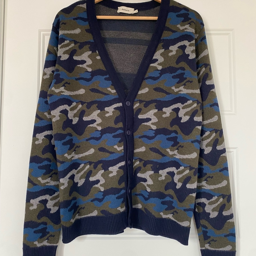 Green and Blue Cardigan Sweater with Modern Camouflage Design